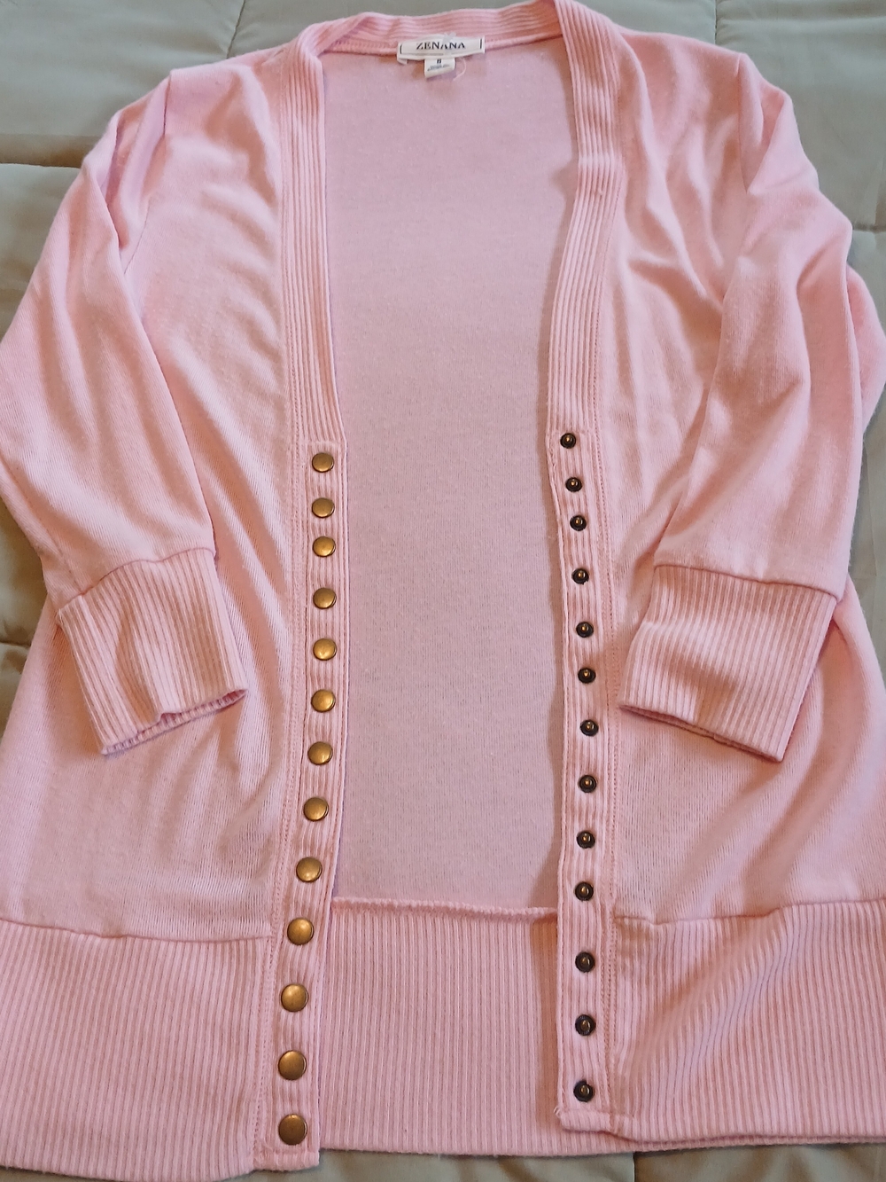 Zenana Light Pink Open-Front Cardigan with Gold Buttons